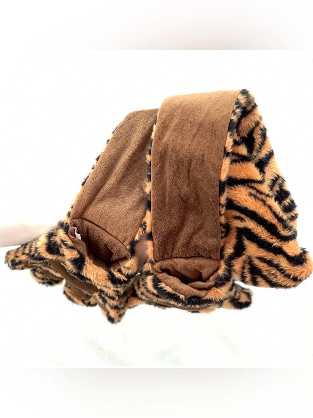 Tiger Print Scarf with Attached Plush Paws and Claw Hand Pockets, Kids One Size